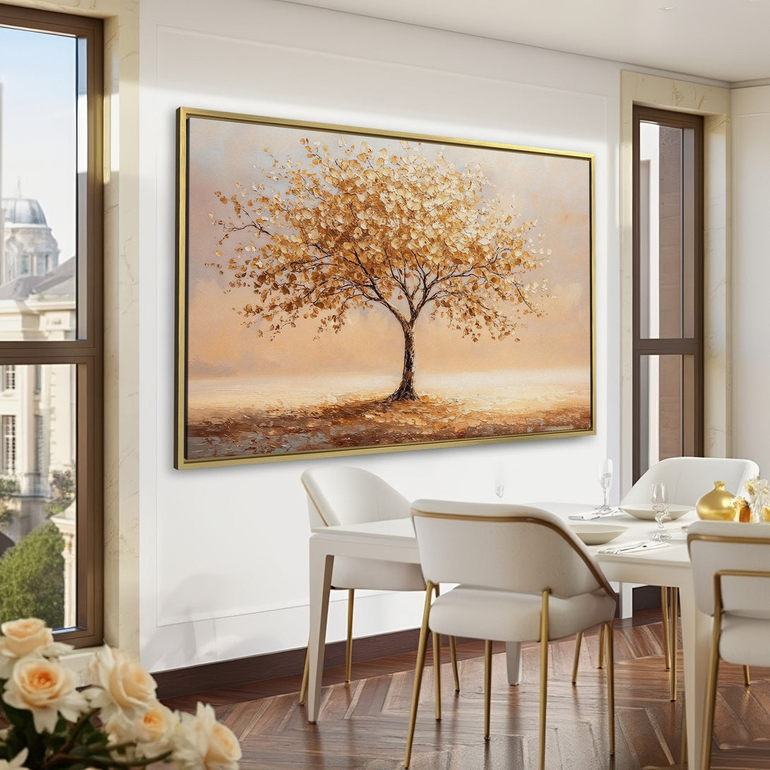 Canvas Print of a golden tree painting, displayed in a classic interior. Warm, neutral color palette complements the rich green walls. Perfect wall art!