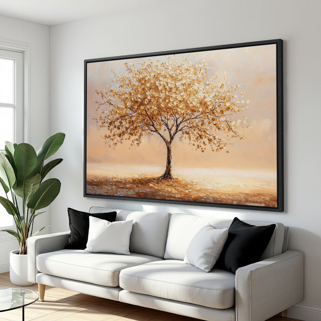 Framed Wall Art: Abstract tree painting in warm gold and beige tones. Modern art canvas print adds a touch of nature to your living room.