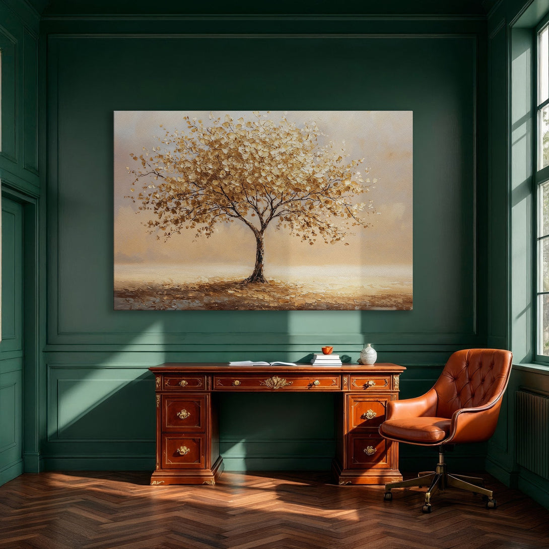 Framed Wall Art: Stunning gold-toned tree painting in a warm, neutral palette. Perfect for adding elegance and style to your dining room.