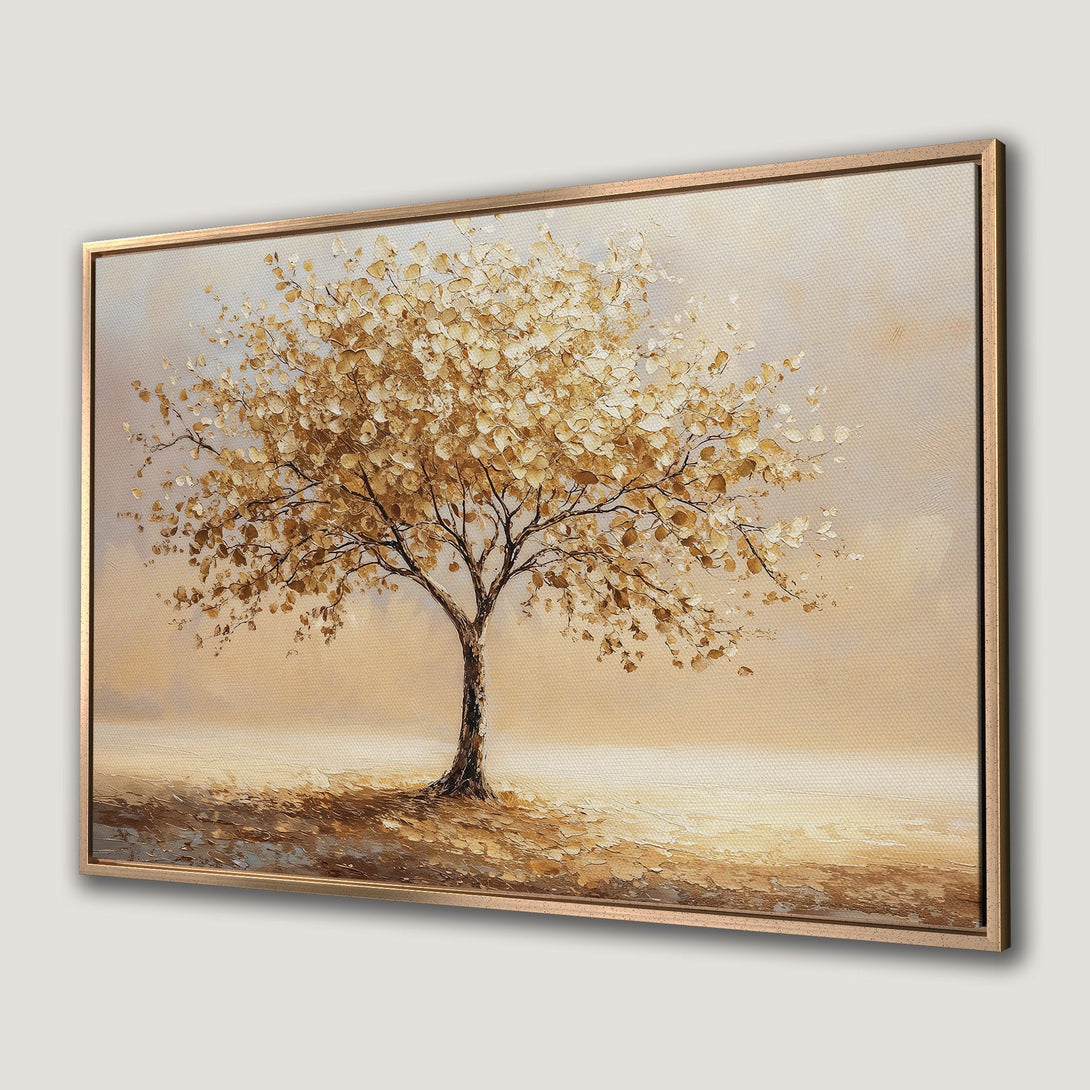 Framed Wall Art: Textured tree painting in warm gold and brown tones. Add a touch of nature-inspired elegance to your home with this stunning canvas print.