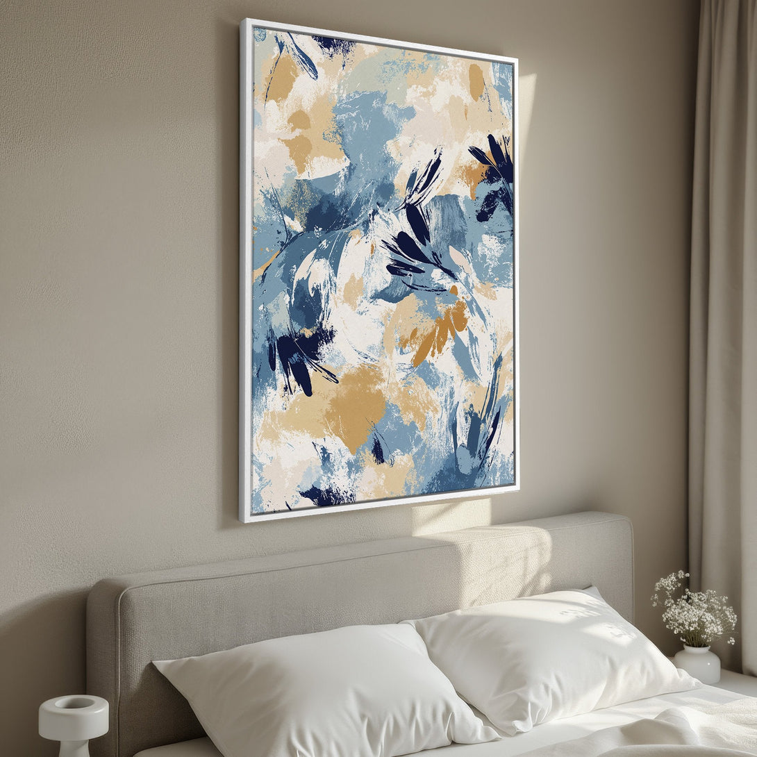 Framed Wall Art featuring abstract floral design in blue, beige, and navy tones. Modern Canvas Print adds a touch of elegance to any bedroom decor.