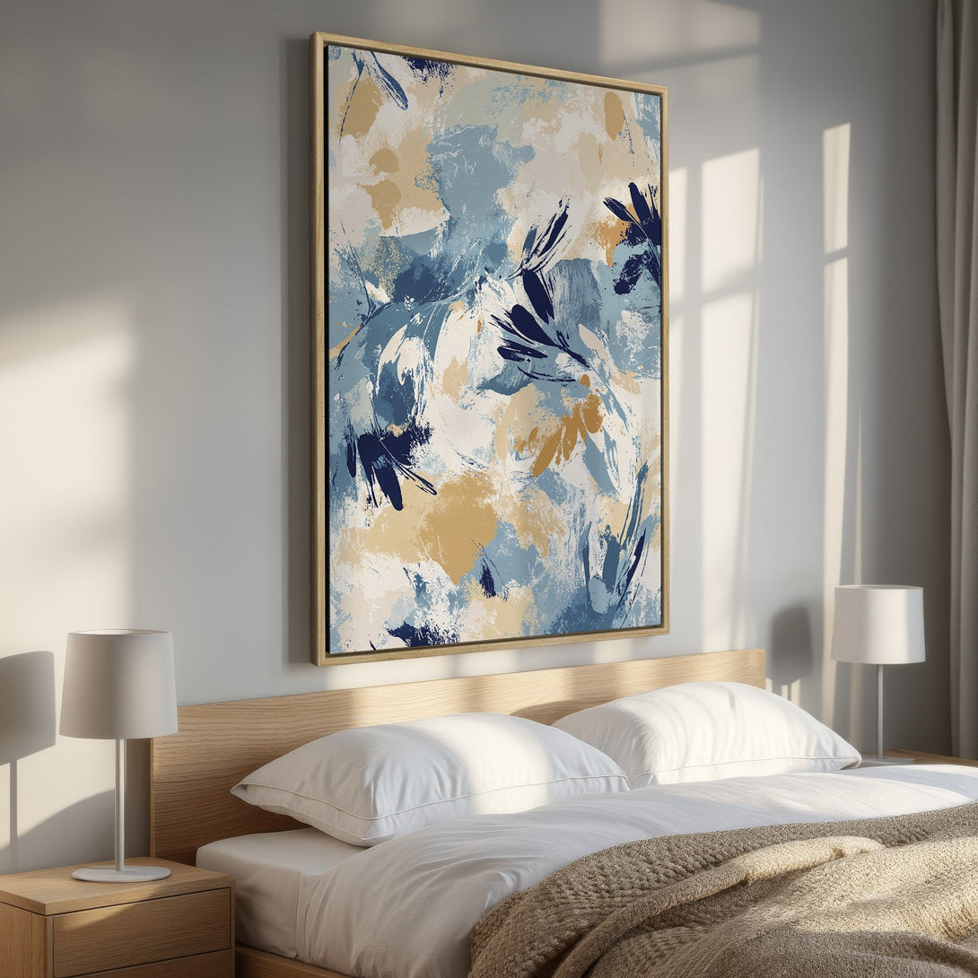 Abstract Canvas Print in blue, beige, and white, displayed in a bedroom. Modern art for stylish home decor.