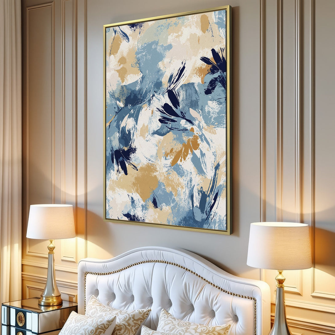 Abstract Canvas Print in blue, beige, and navy. Modern art perfect for living room decor. Add a touch of elegance to your home!