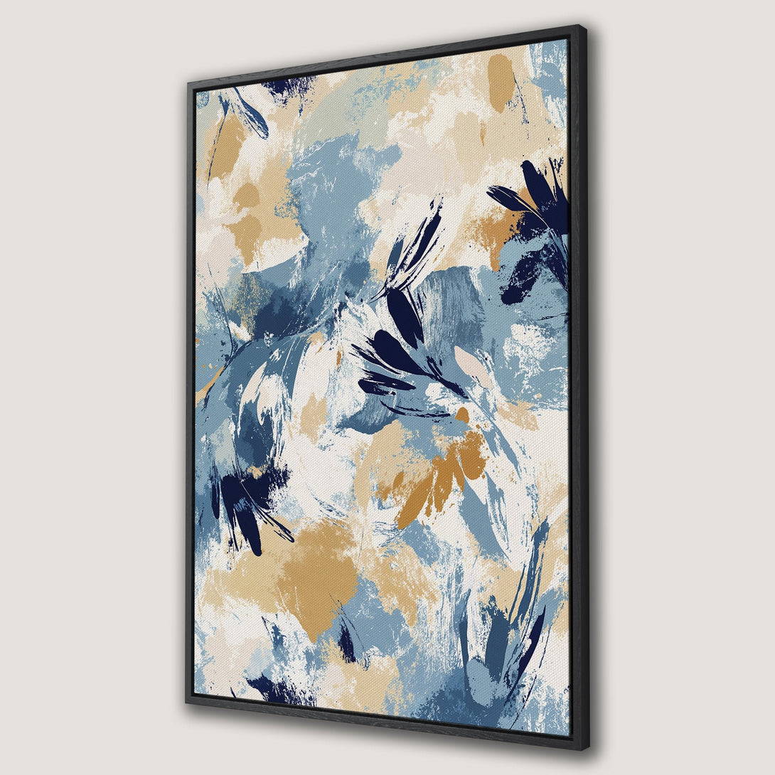 Framed Wall Art featuring abstract floral art in blue, gold, and cream tones. Modern canvas print for stylish home decor.