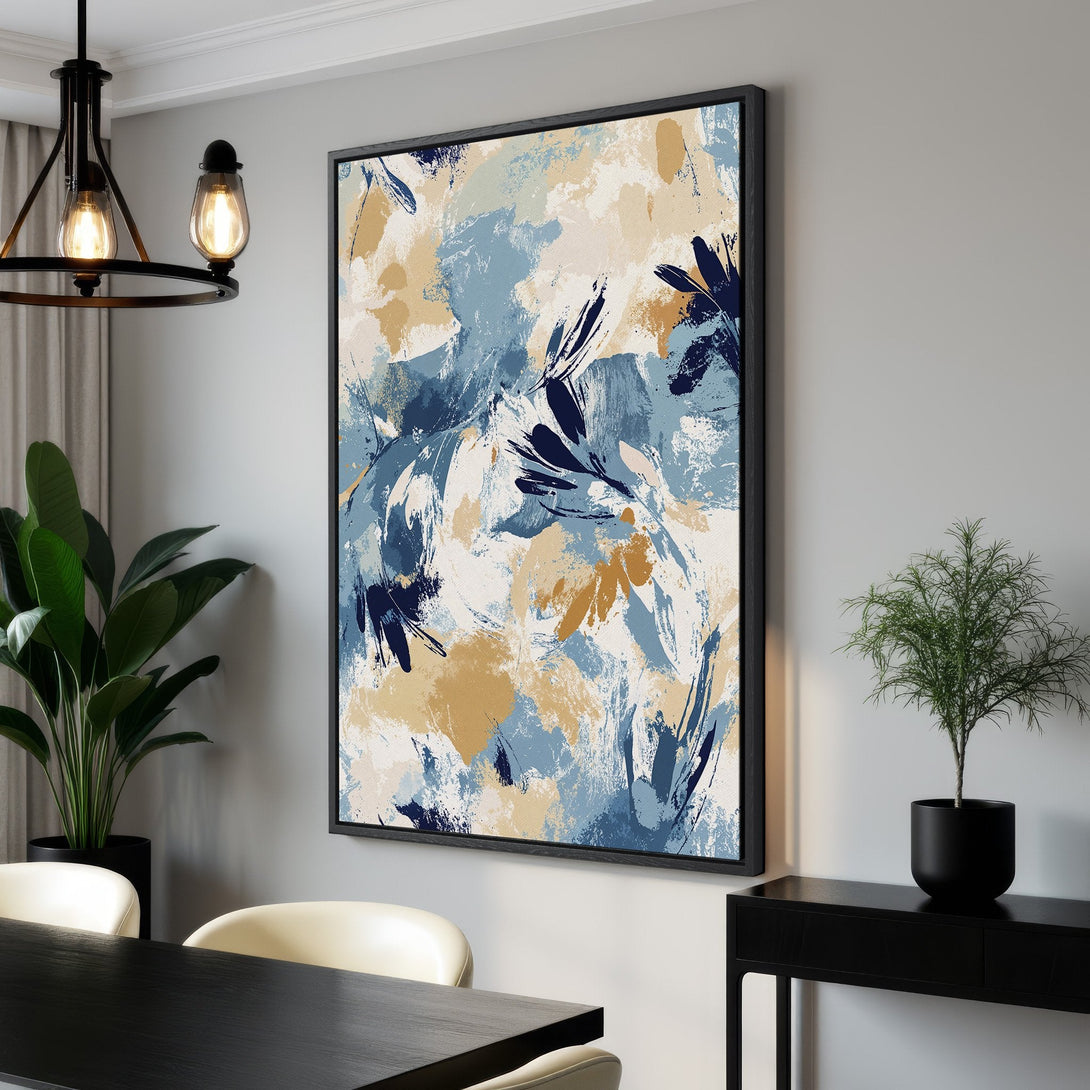 Framed Wall Art: Abstract floral Canvas Print in blue, beige, and navy tones. Modern art for dining room decor. Shop now!
