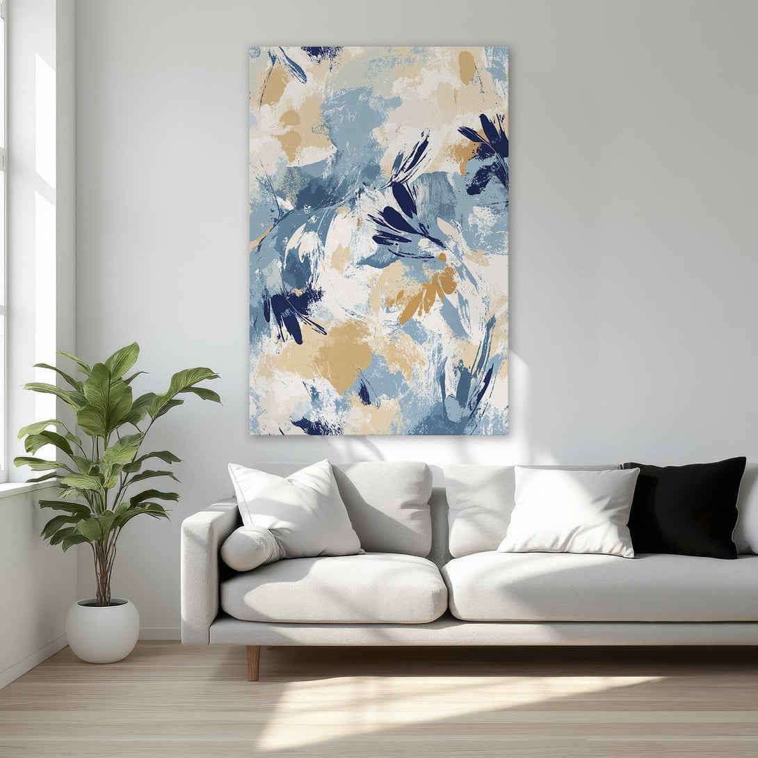 Framed Wall Art: Abstract floral Canvas Print in blue, beige, and navy tones. Modern art for bedroom decor. Enhance your space with stylish artwork.