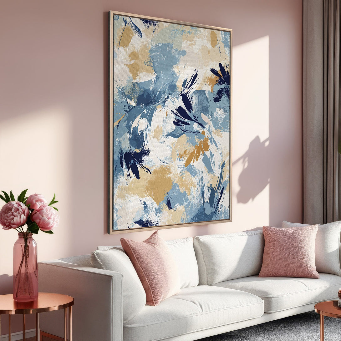 Framed Wall Art featuring an abstract floral design in blue, beige, and navy. Modern art for living room decor, adding a touch of elegance and color.