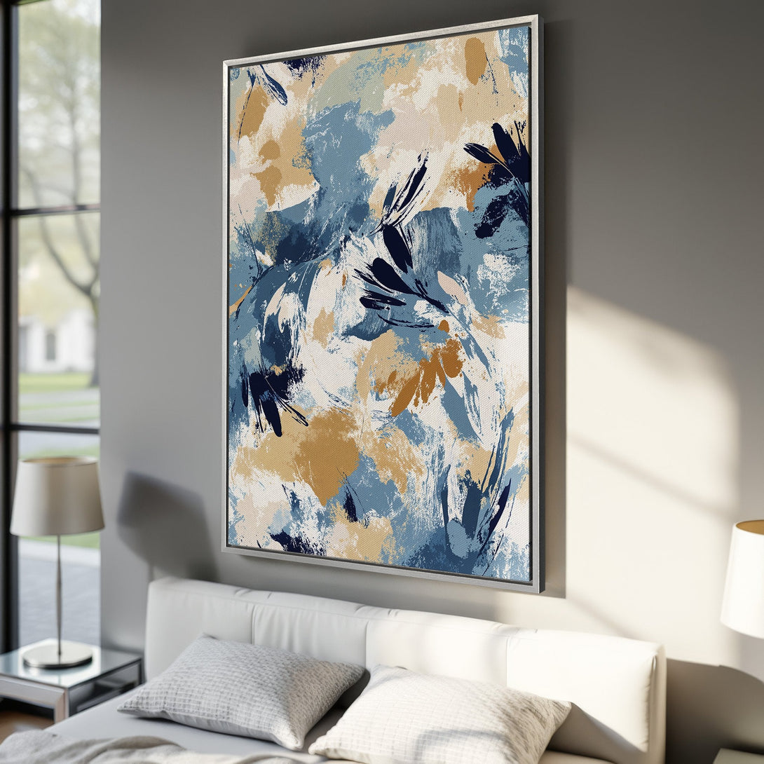 Framed Wall Art: Abstract floral Canvas Print in blue, gold, and neutral tones. Modern art for bedroom decor. Shop now for stylish wall decor!