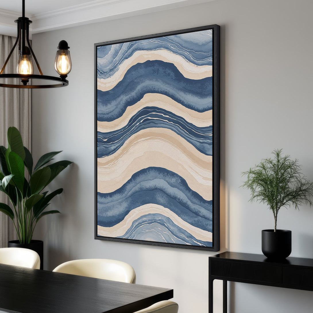 Framed Wall Art featuring an abstract watercolor design in blue and beige tones. Modern art for your home decor.