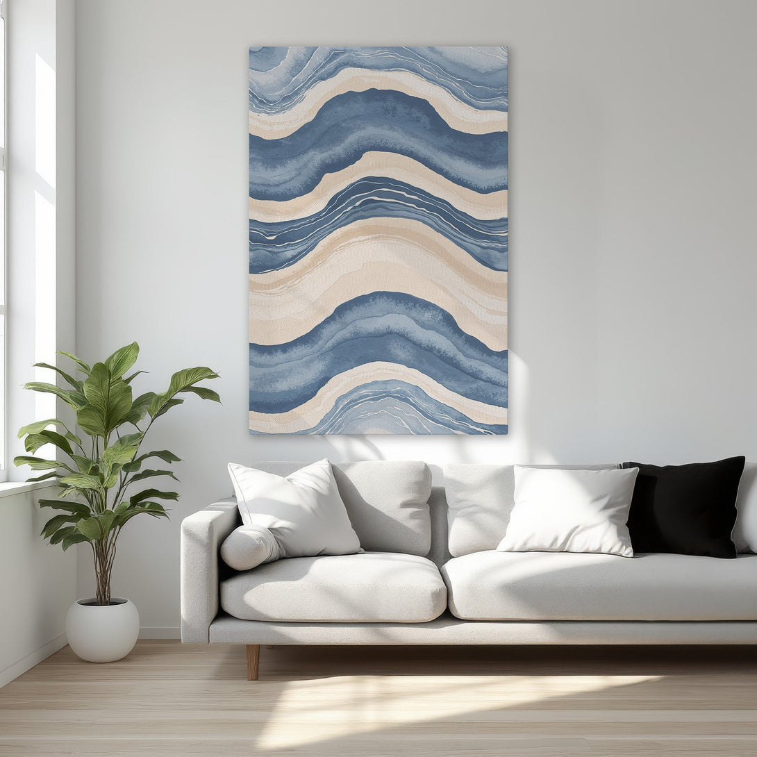 Framed Wall Art featuring abstract blue and beige waves. Modern canvas print adds a touch of elegance to any bedroom decor. Shop now!