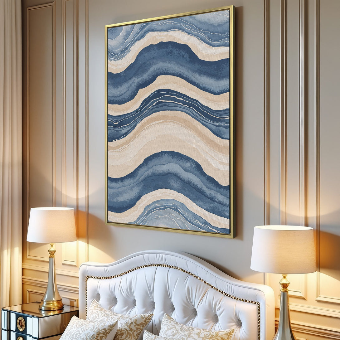 Canvas Print featuring abstract blue and beige waves, adding a touch of modern art to any interior. Perfect for living rooms!
