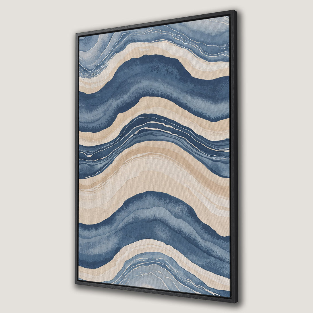 Framed Wall Art featuring abstract blue and beige watercolor waves. Modern art Canvas Print for stylish home decor.
