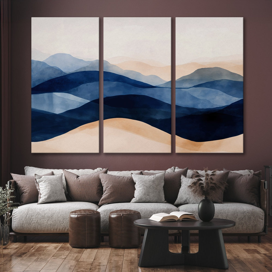 Canvas Print of abstract watercolor mountain landscape in blue and beige tones, perfect for modern home decor.