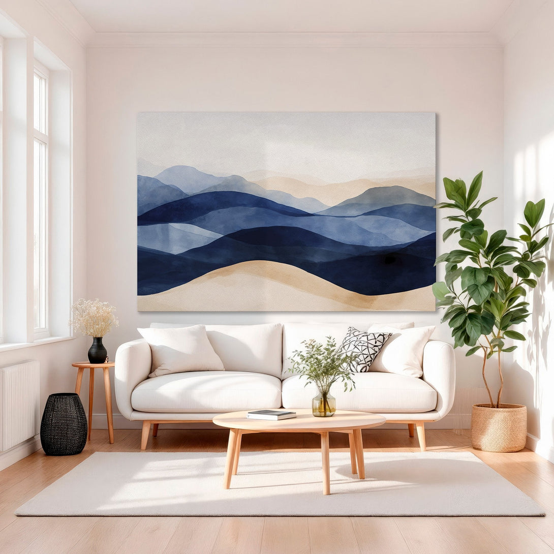 Framed Wall Art: Abstract mountain landscape Canvas Print in blue and beige tones. Modern art for a stylish interior.
