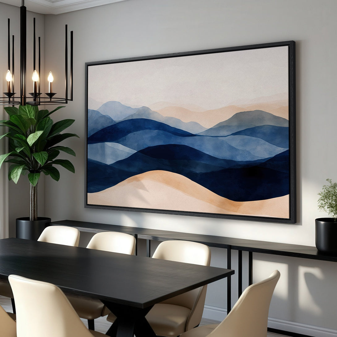 Framed Wall Art featuring abstract watercolor mountains in blue and beige tones. Modern art for home decor.