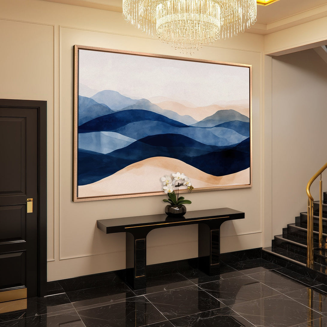 Framed Wall Art: Abstract mountain landscape in blue and beige tones. Modern art canvas print perfect for living room or entryway decor.