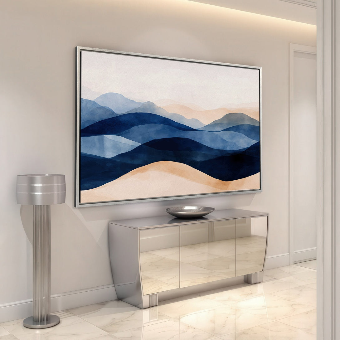 Framed Wall Art: Abstract mountain landscape Canvas Print with blue and beige watercolor tones. Modern art for home decor.
