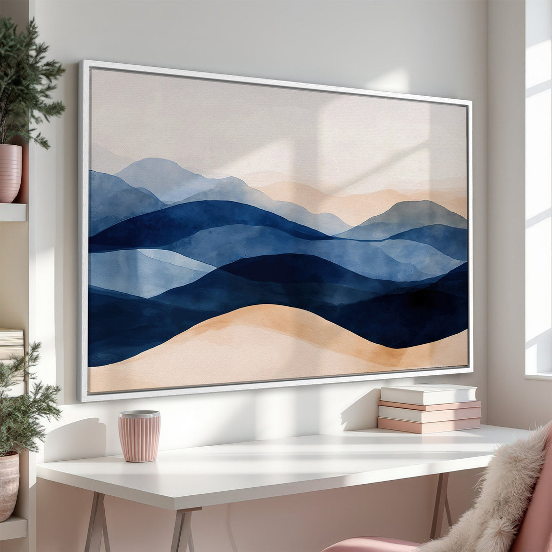 Framed Wall Art: Abstract mountain landscape in watercolor style. Serene blue and beige color palette. Perfect for modern home decor.