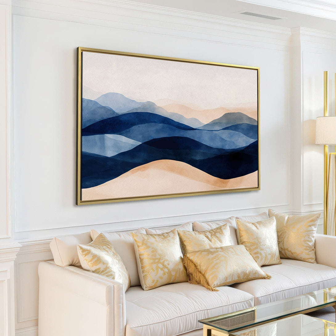 Canvas Print of abstract watercolor mountains in blue and beige tones, perfect for modern living room decor.