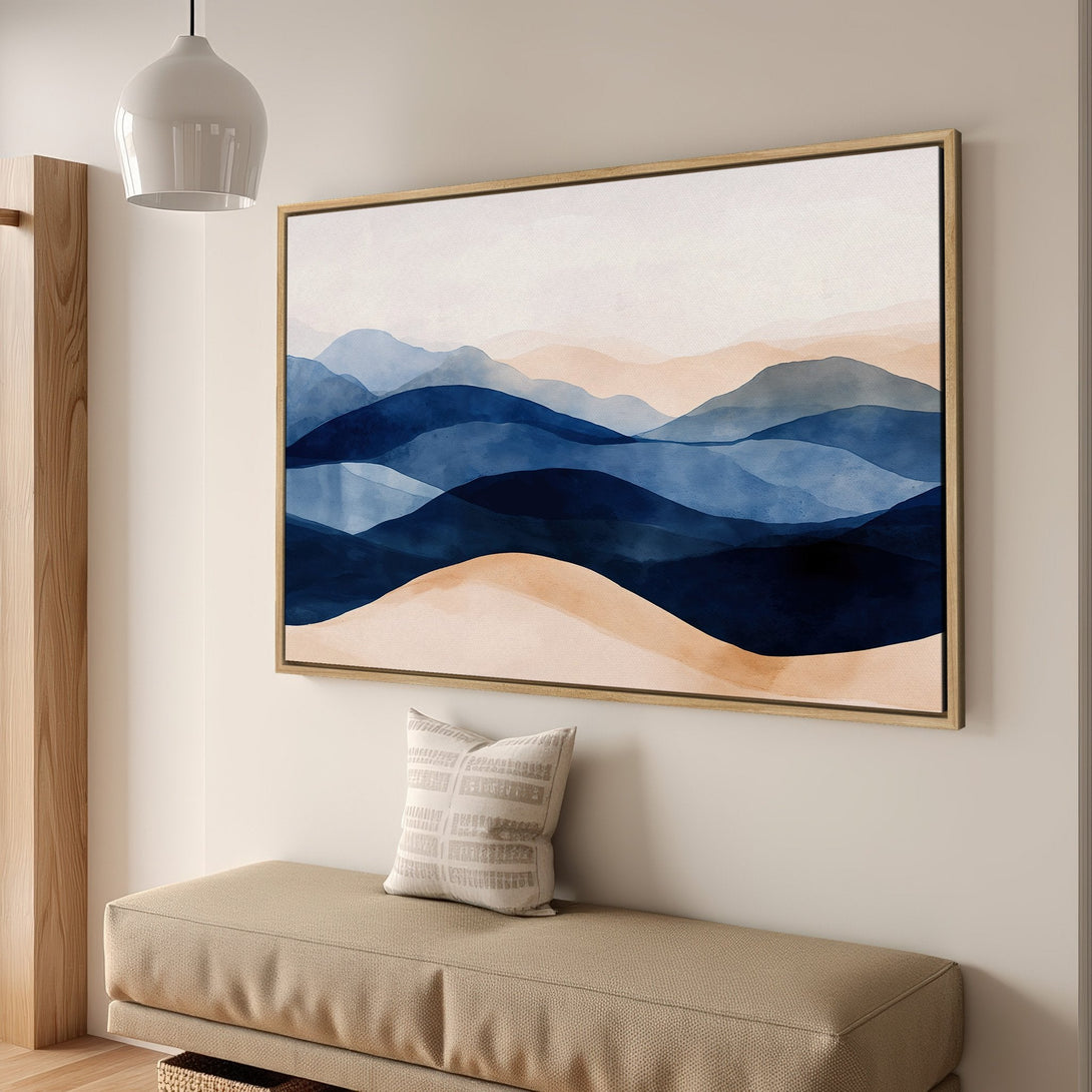 Framed Wall Art: Abstract mountain landscape in blue and beige watercolor style. Perfect for adding a touch of serenity to your home decor.