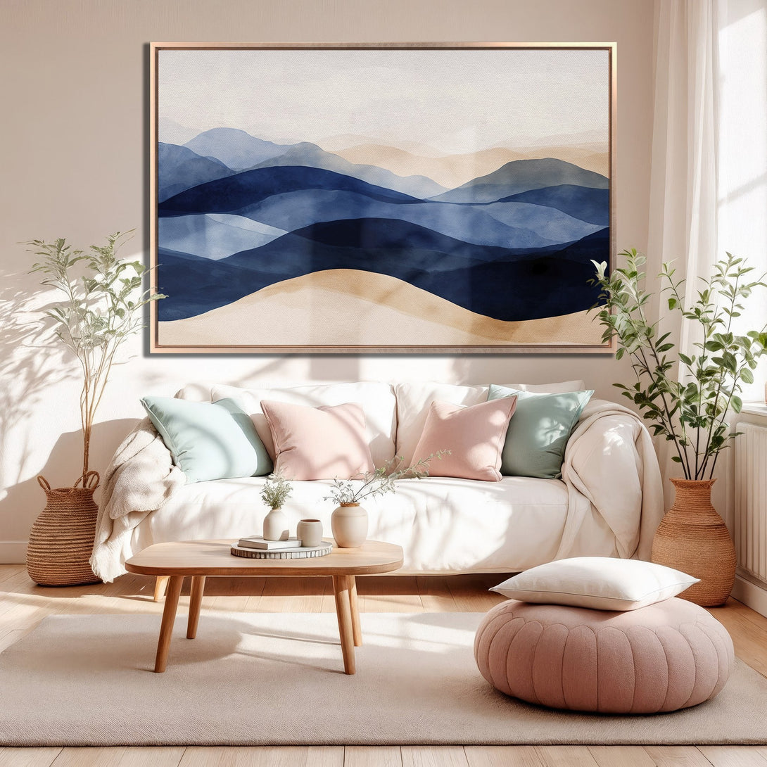 Framed Wall Art featuring abstract watercolor mountains in blue and beige tones. Modern art for your living room.