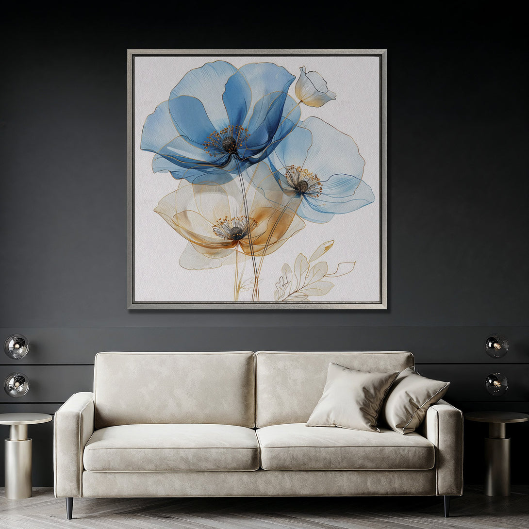 Framed Wall Art: Blue and gold floral canvas print in modern interior. Elegant botanical artwork with a calming color palette for home decor.