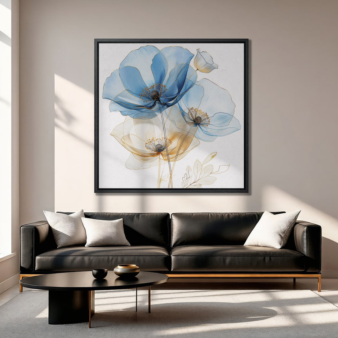 Framed Wall Art featuring elegant blue & gold floral design. Modern Canvas Print adds a touch of sophistication to any living room.