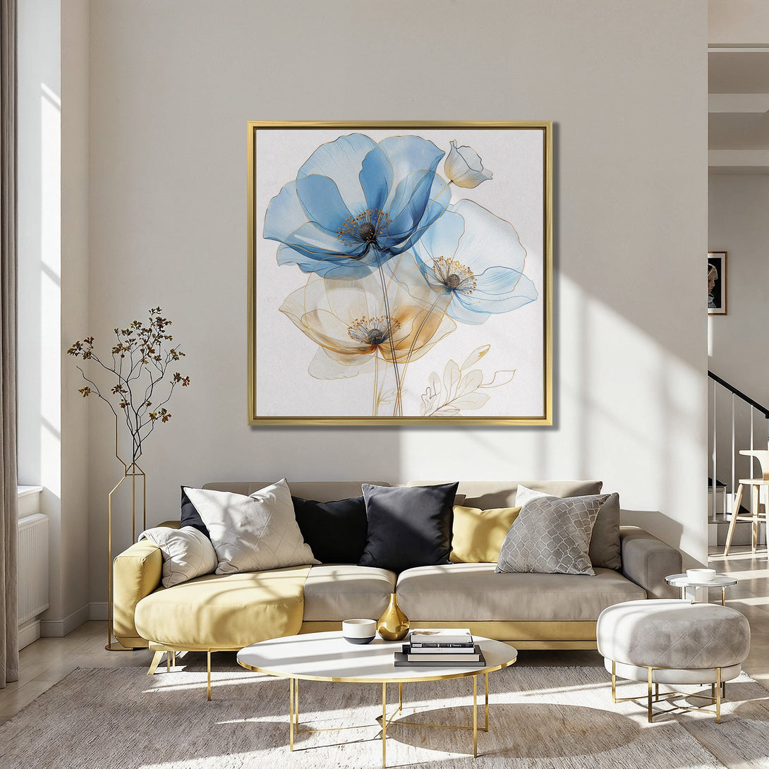Canvas Print featuring elegant watercolor floral art in blue and gold hues, perfect for home decor.