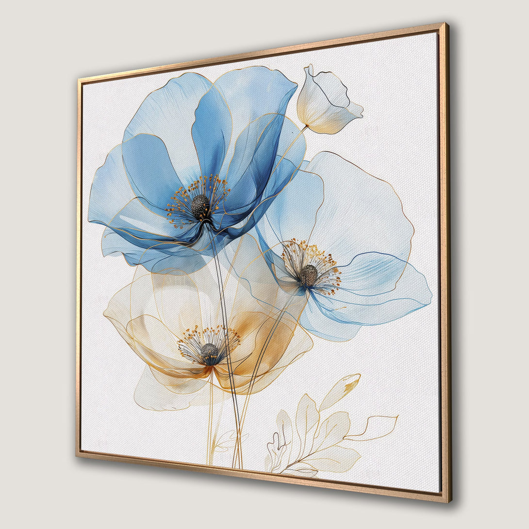 Framed Wall Art: Elegant floral Canvas Print featuring blue & gold watercolor poppies on white. Modern art for your home decor.