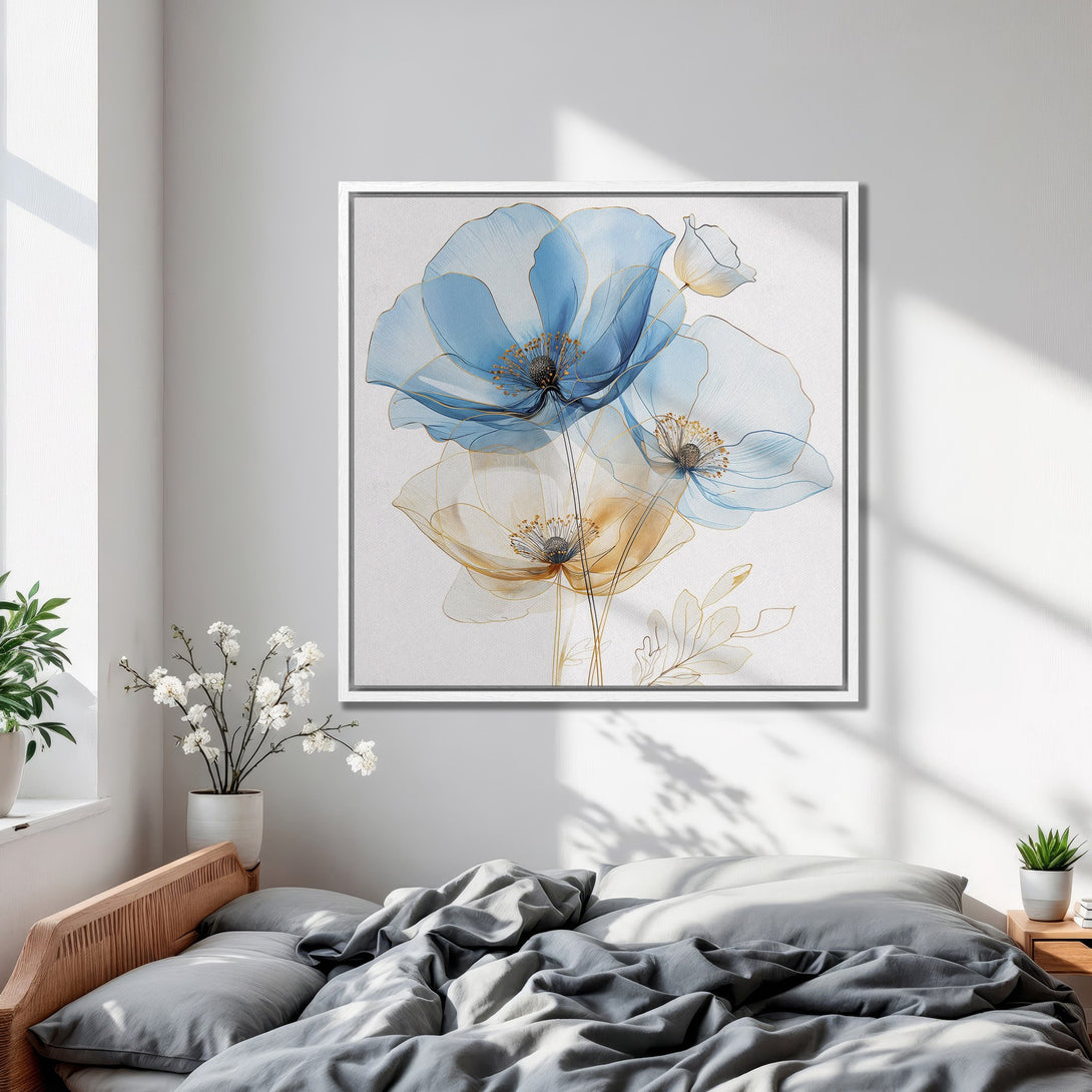 Framed Wall Art featuring elegant blue and gold floral art. Modern canvas print adds a touch of serenity to any bedroom decor.