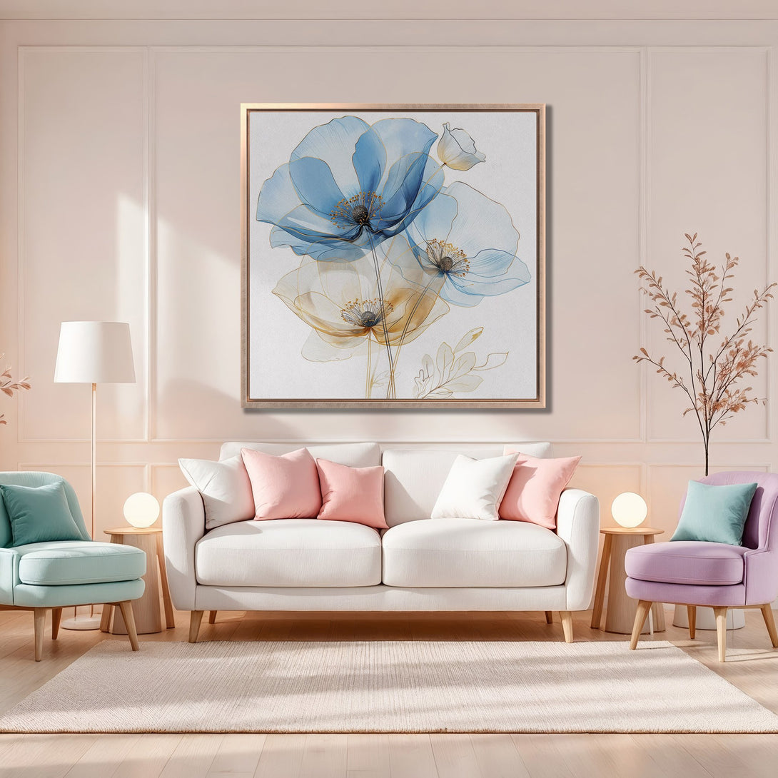 Framed Wall Art featuring watercolor blue floral design in a modern living room. Soft, neutral color palette with pops of pink and mint.