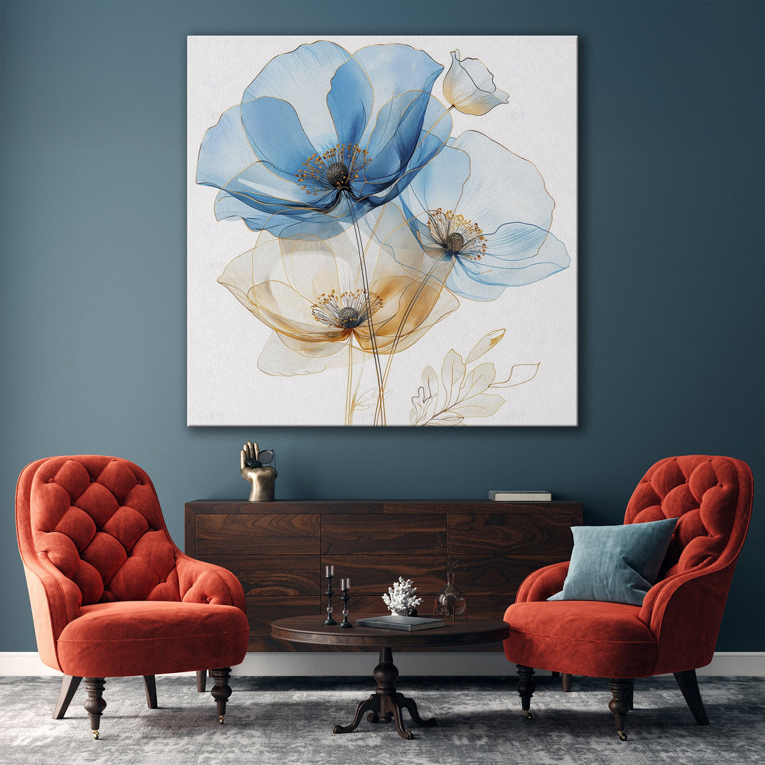 Framed Wall Art featuring elegant blue floral design. Modern style, neutral color palette, perfect for living room decor. Shop Canvas Prints today!