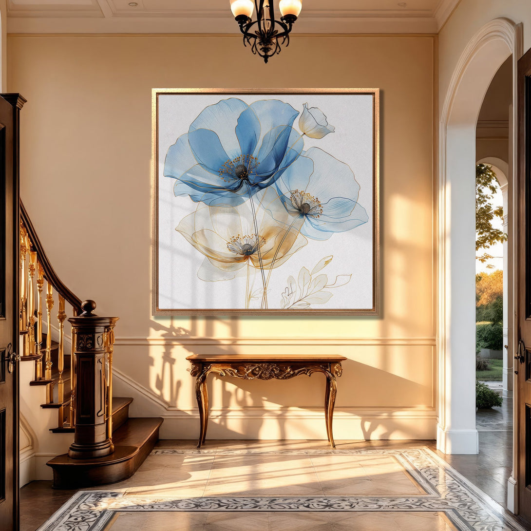 Framed Wall Art featuring elegant blue floral design. Modern style with a soft, watercolor-like aesthetic. Perfect for adding a touch of sophistication to any space.