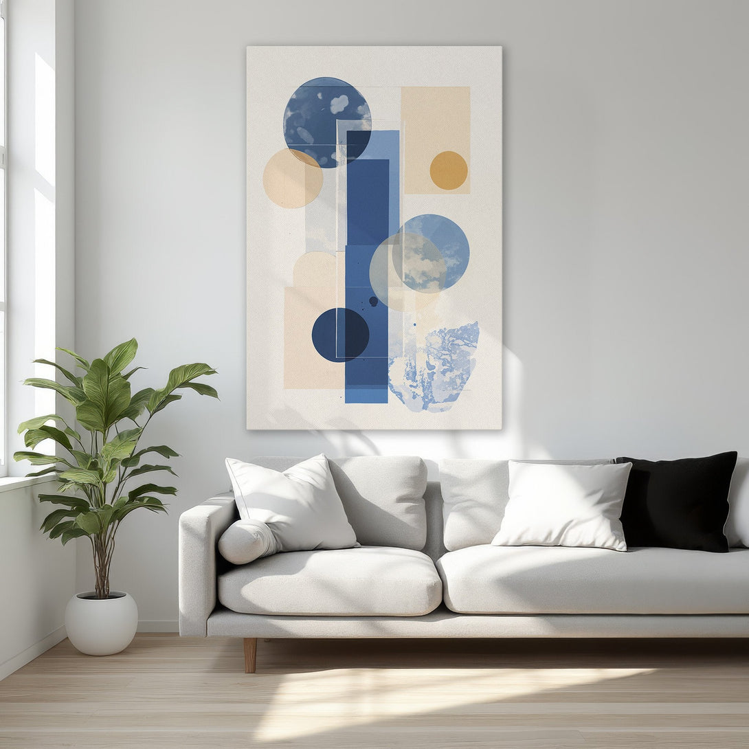 Framed Wall Art: Abstract geometric art in blue, beige, and gold tones. Modern canvas print adds a touch of elegance to any interior space.