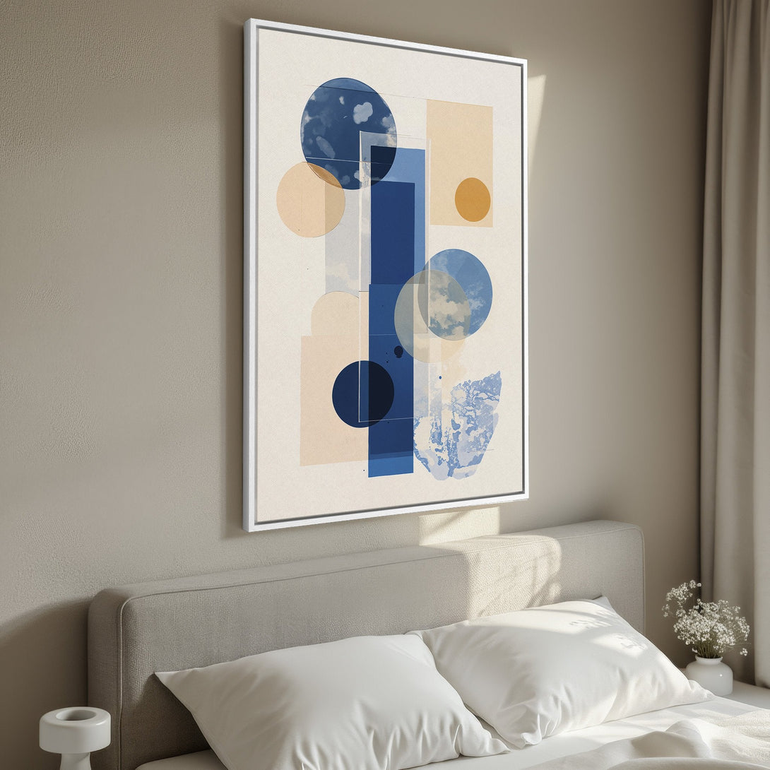 Framed Wall Art featuring an abstract geometric design in blue, beige, and gold. Modern art print perfect for bedroom decor.