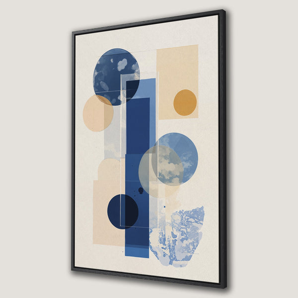 Framed Wall Art featuring abstract geometric art in blue and beige tones. Modern canvas print perfect for any interior.