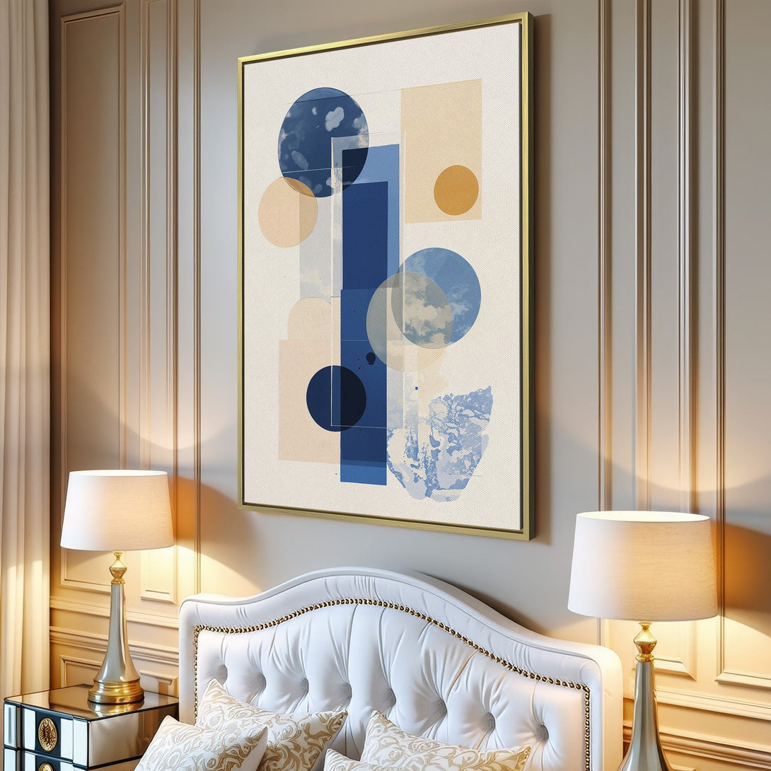 Abstract Canvas Print in a modern living room. Features geometric shapes in blue, beige, and gold. Perfect for minimalist decor.