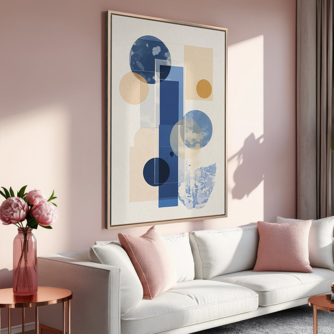 Framed Wall Art featuring abstract geometric design in blue and beige tones. Modern art canvas print adds a touch of elegance to any living room.