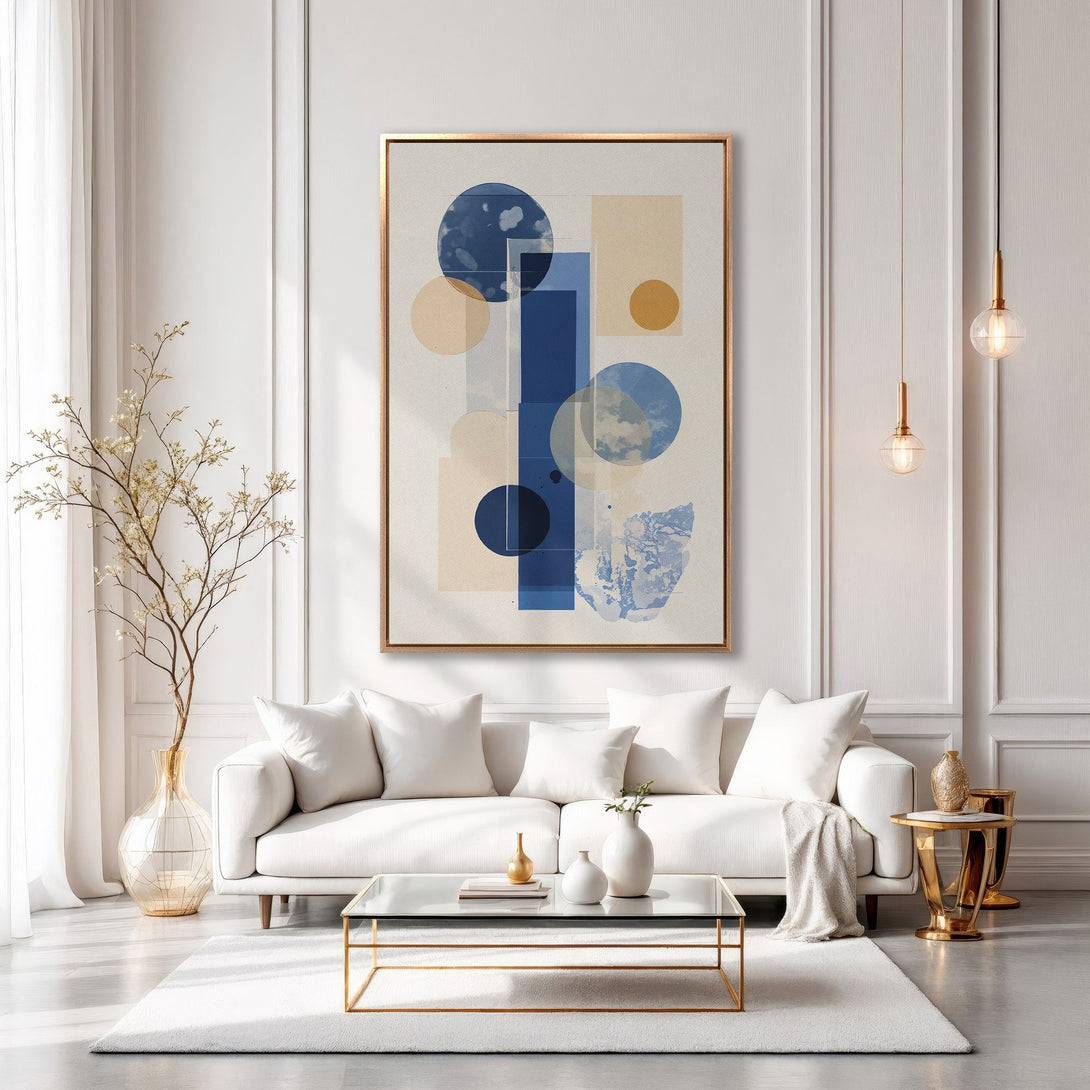 Framed Wall Art featuring abstract geometric design in blue and beige tones. Modern art for living room decor.