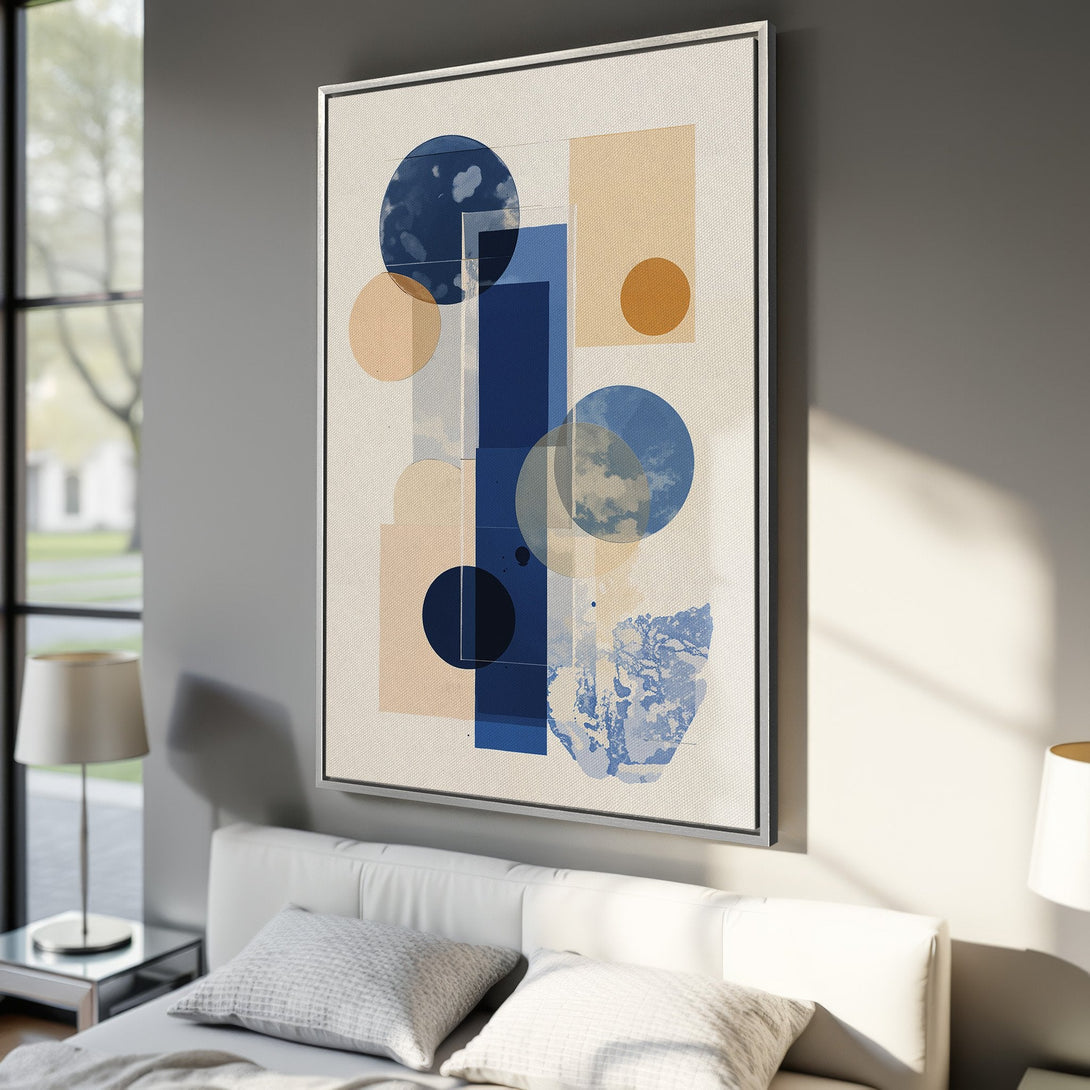 Framed Wall Art: Abstract geometric art print in blue, beige, and orange hues. Modern art for living room or bedroom decor.