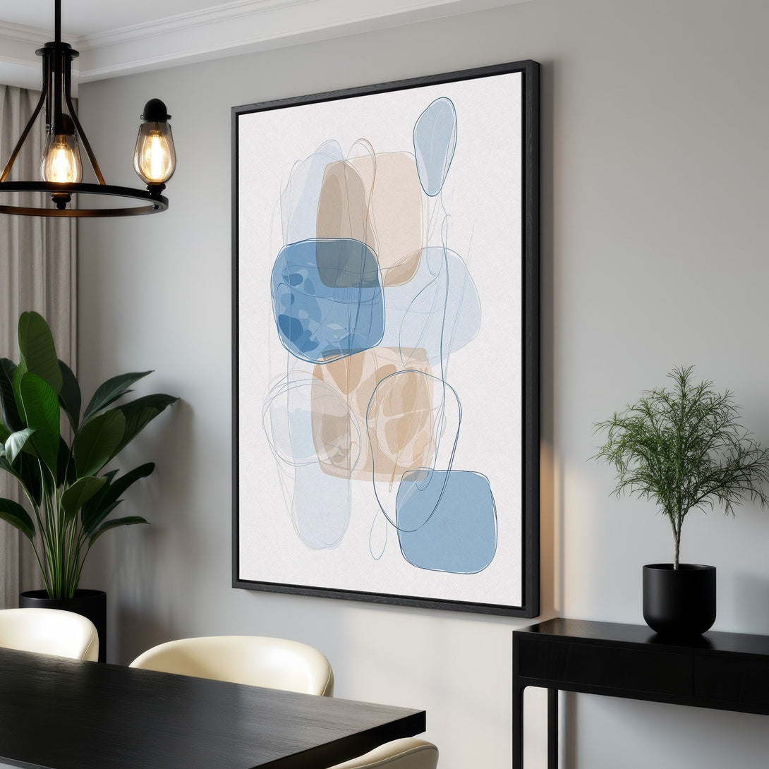 Framed Wall Art: Abstract art canvas print in blue and beige tones. Modern decor for your home. Shop now for stylish wall art!