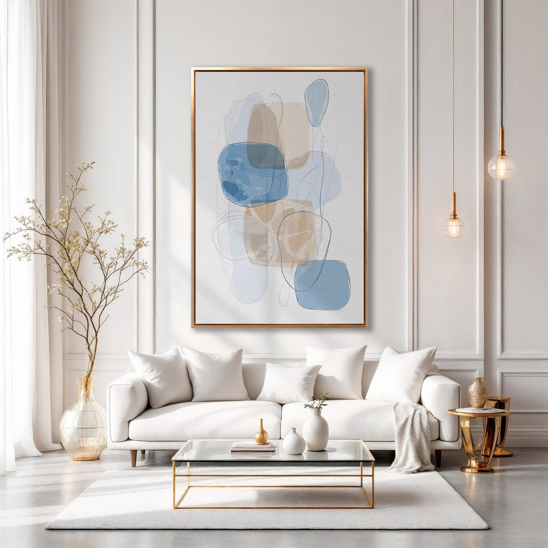 Framed Wall Art: Abstract art print in blue and beige tones. Modern wall decor for living room. Enhance your space with this stylish canvas print.