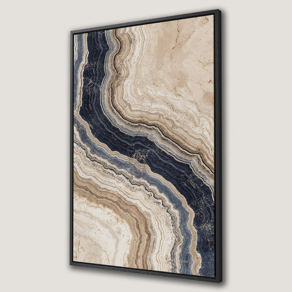 Framed Wall Art featuring an abstract agate design in neutral beige, blue, and navy tones. Modern canvas print for stylish home decor.