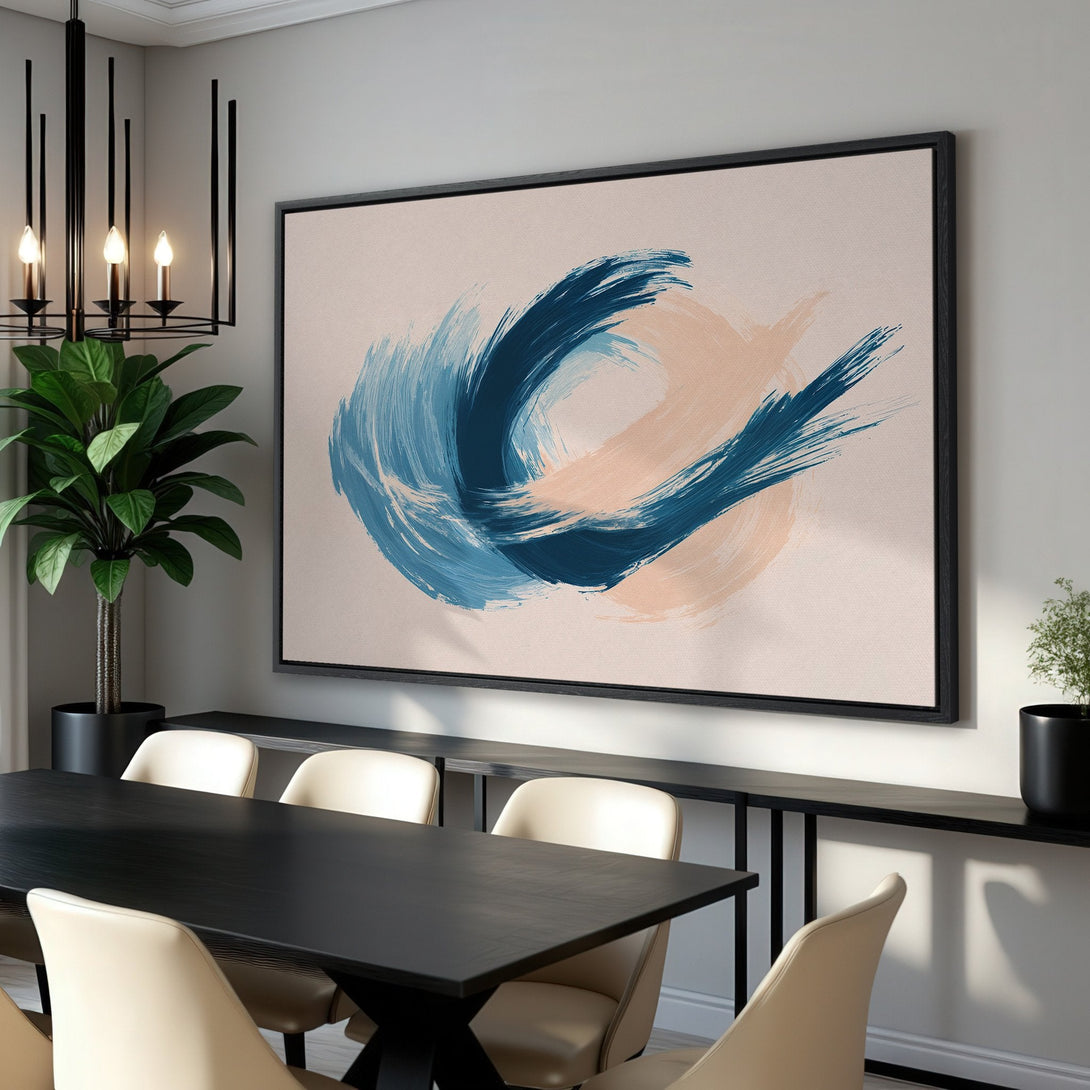Framed Wall Art: Abstract brushstroke art in blue and peach hues. Modern canvas print adds a stylish touch to any interior.