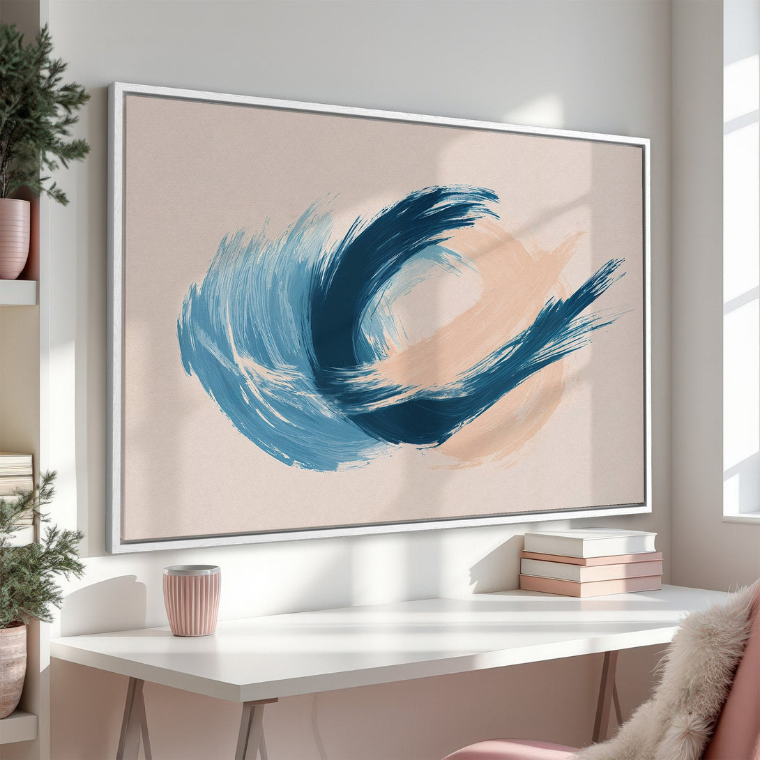 Framed Wall Art featuring abstract brushstrokes in blue and peach hues. Modern Canvas Print adds a touch of elegance to any interior.