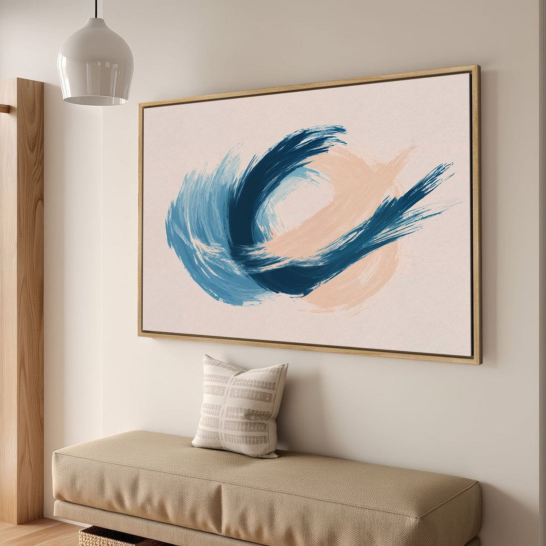 Framed Wall Art: Abstract brushstroke art in blue and peach hues. Modern canvas print for living room or bedroom decor.