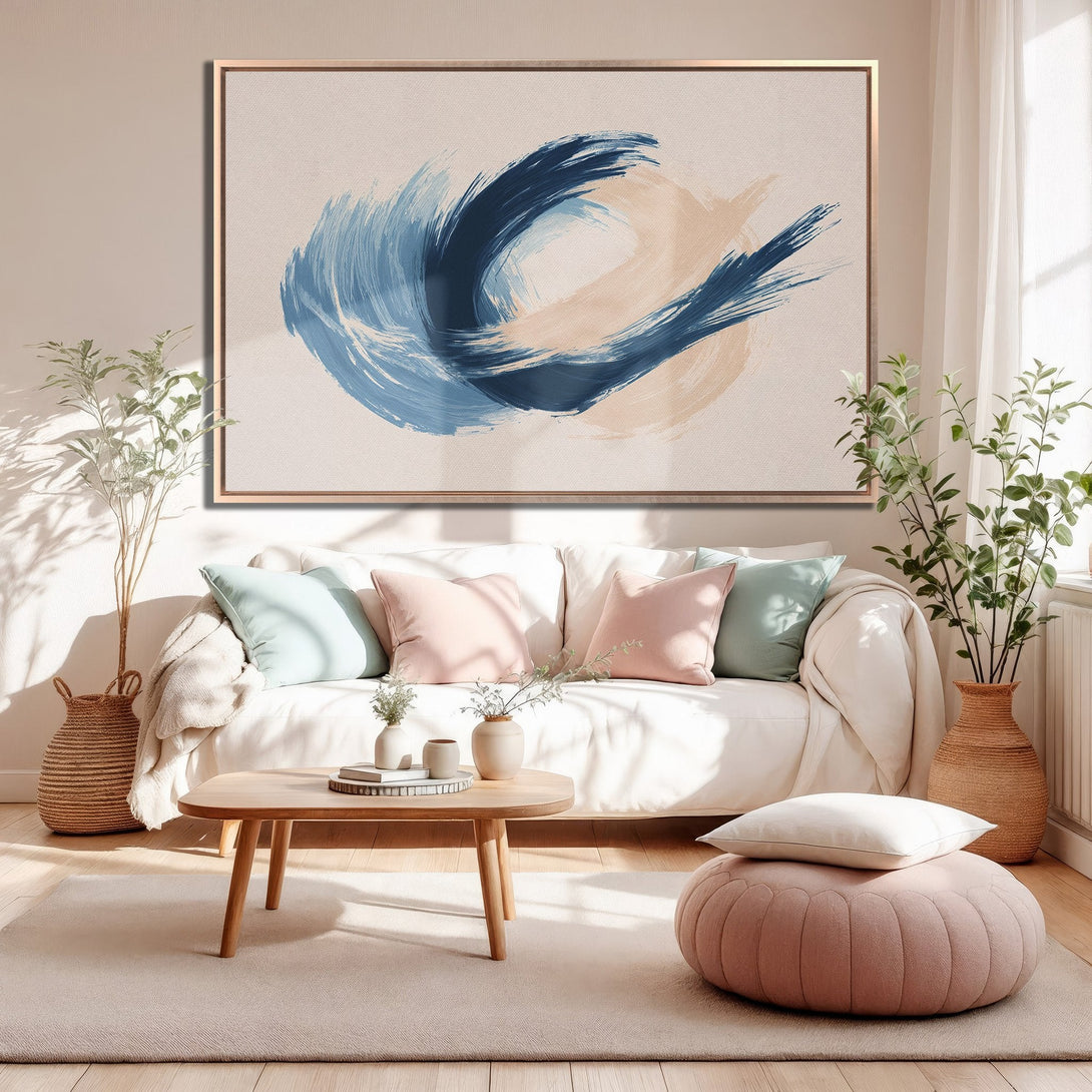 Framed Wall Art: Abstract brushstroke art in blue, beige, and cream tones. Modern Canvas Print adds a touch of elegance to any living room. Shop now!