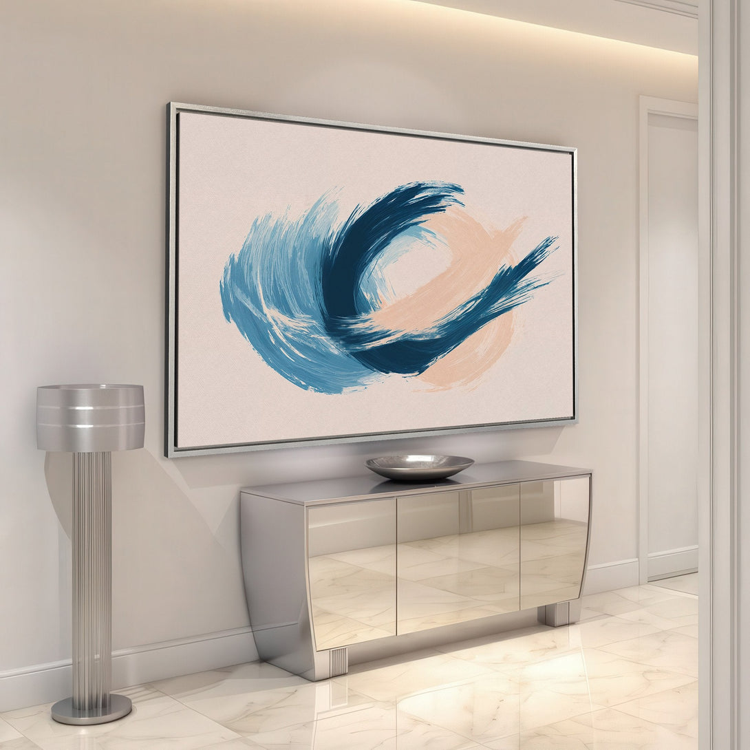 Framed Wall Art: Abstract brushstroke canvas print in blue and blush tones. Modern art for your home decor.