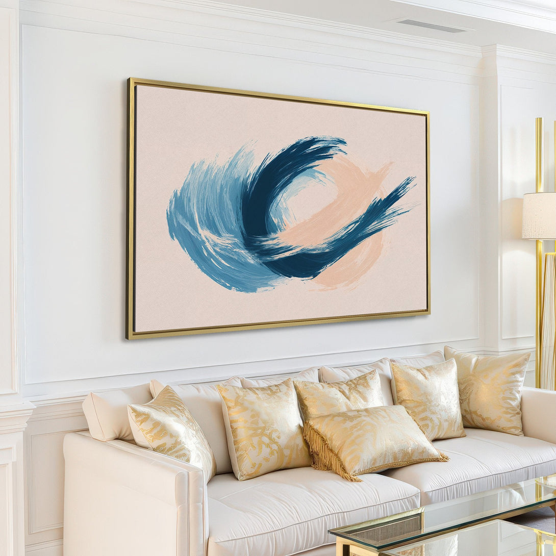 Abstract Canvas Print in blue and beige, displayed in a modern living room. Perfect wall art for a stylish home.