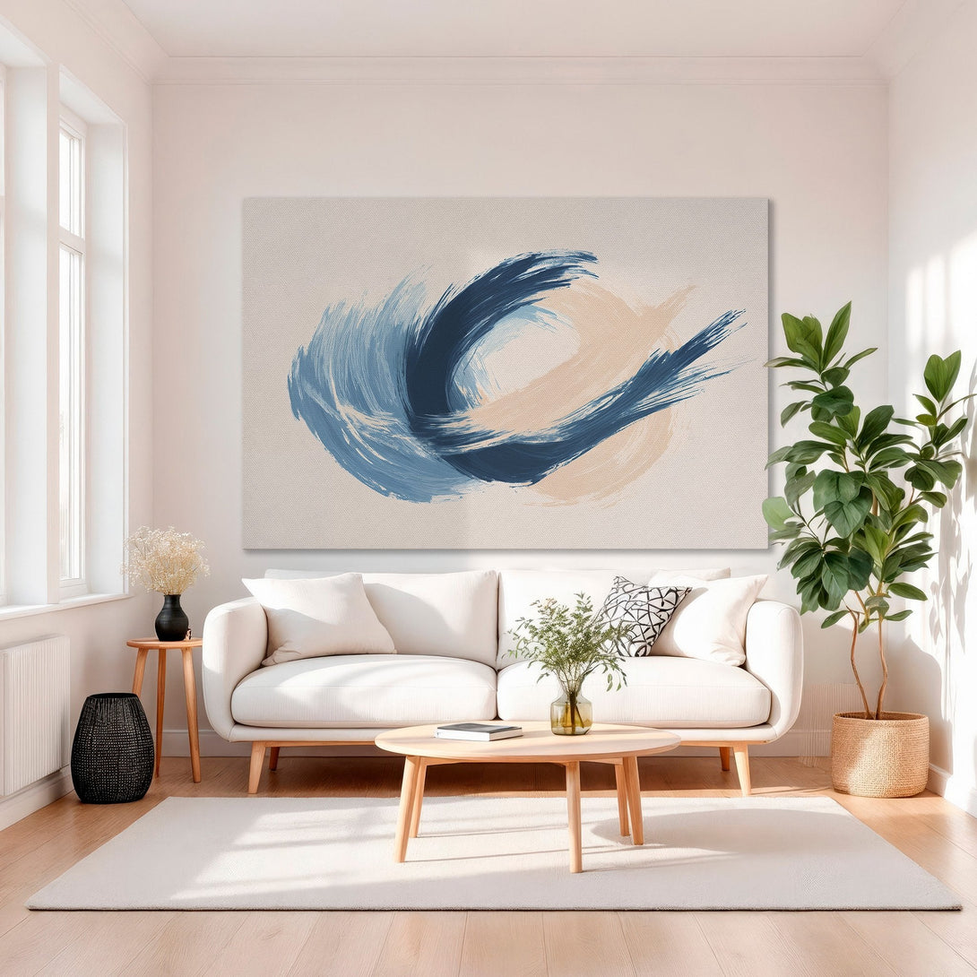 Framed Wall Art: Abstract brushstroke design in blue and blush tones. Modern art canvas print adds elegance to any interior. Shop now!